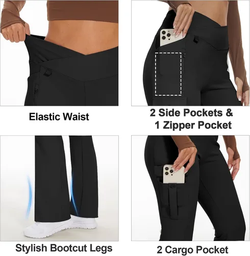 Vista 4 de Leggings acampanados de yoga para mujer, cintura alta, pantalones casuales de yoga, leggings de entrenamiento, con 6 bolsillos, pantalones de yoga