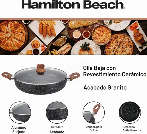 Vista 2 de Hamilton Beach Revestimiento de mármol antiadherente de aluminio de 4.5 cuartos de galón, calefacción uniforme, olla redonda para horno de playa Gris