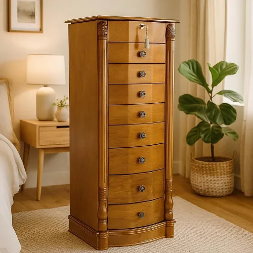 Vista 11 de Hives and Honey Florence Jewelry Armoire - Organizador de almacenamiento de joyas con 8 cajones forrados de fieltro, espejo de tocador, rollos