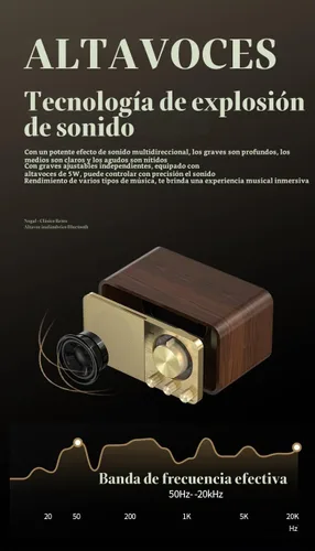 Vista 4 de Altavoz Bluetooth de madera retro, radio recargable de 1500 mAh con antena FM integrada, esfera giratoria de sintonización AM/FM, control de graves