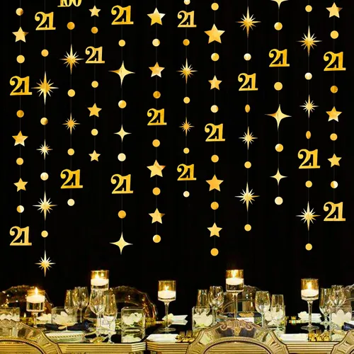 Vista 10 de Guirnalda de número 21 en negro con puntos circulares y estrellas centelleantes, metálica, para colgar, banderines, banner, telón de fondo