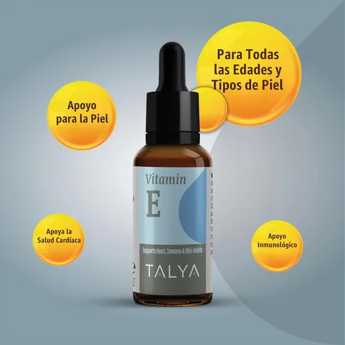 Vista 2 de TALYA Gotas líquidas de vitamina E de 0.34 onzas líquidas Hueso, articulaciones, salud del corazón para cicatrices y piel Botella de vidrio