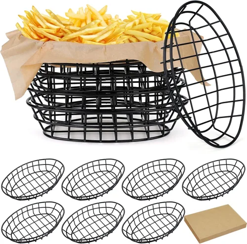 Vista 8 de Hushee 12 cestas de pan de alambre a granel de 9.5 x 6.2 x 2.2 pulgadas, cestas ovaladas de metal para mesa servir fruteros con 50 forros de papel a