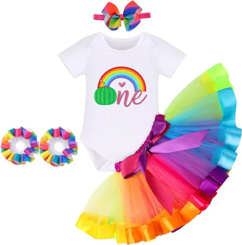 Vista 44 de IBAKOM Conjunto de ropa de 3 piezas para bebé niña de 1er cumpleaños + tutú de tul de princesa arcoíris + diadema con lazo, conjunto de ropa de 3