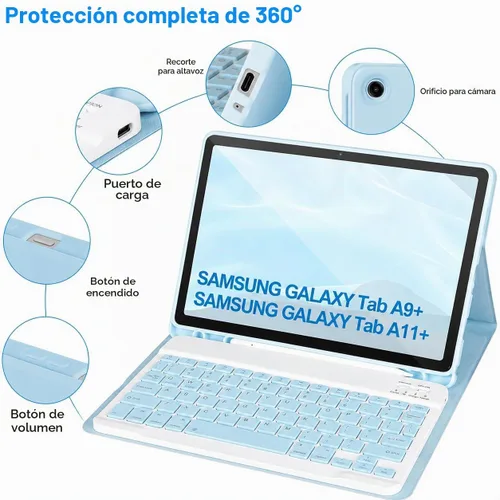 Vista 6 de Funda de teclado para Samsung Galaxy Tab A9+/Plus de 11 pulgadas 2023 (SM-X210/X216/X218), funda con teclado para Samsung Tab A9+ con soporte para S