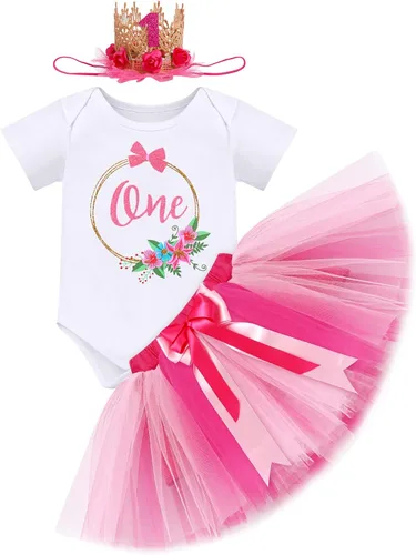 Vista 19 de ODASDO Conjunto de 3 piezas de mameluco de manga corta de algodón con estampado de flores, falda tutú, corona y diadema Rosa bebé