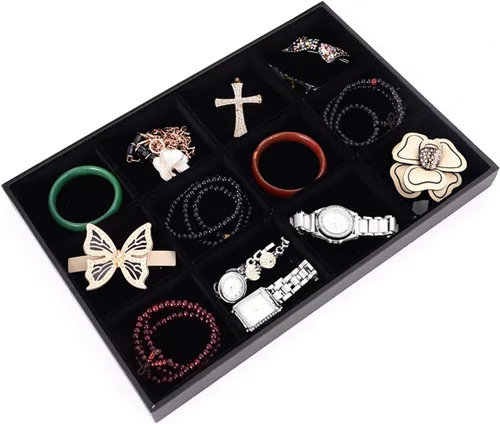 Vista 2 de Pimuza Bandeja de joyería apilable de terciopelo negro de 12 rejillas para mujer, colgante de piedras preciosas, diamante, organizador