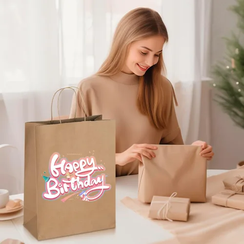 Vista 6 de Oikss - Paquete de 50 bolsas de papel kraft marrón natural con asas, tamaño grande, 10x5x13, para regalos de cumpleaños, compras al por menor