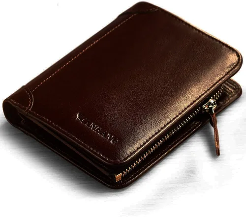 Vista 8 de Cartera de auténtica piel vacuna italiana con capacidad extra, doble pliegue, para hombre.