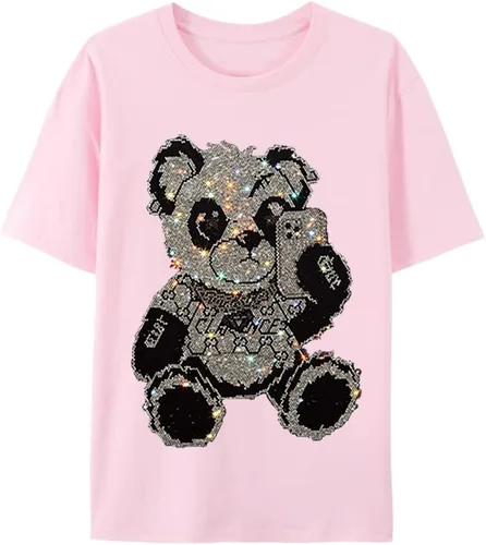 Vista 10 de HZCX FASHION Camiseta con strass brillante para Hombres y Mujeres, manga corta, con pedrería, para festivales de rock, con gemas, de algodón