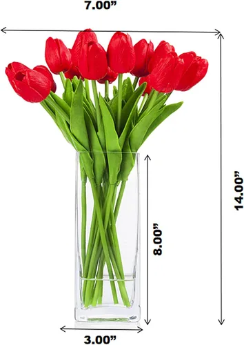 Vista 4 de Arreglo floral de tulipanes artificiales de tacto real en jarrón de vidrio con agua sintética (rojo)