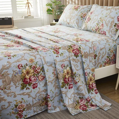 Vista 6 de ABREEZE Juego de sábanas de algodón egipcio tamaño individual (1000 hilos) floral y fundas de almohada (4 piezas), sábanas de algodón egipcio