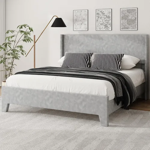 Vista 11 de Base de cama tamaño matrimonial con cabecero tapizado de imitación de cuero, resistente al desgaste, fácil de limpiar, base para colchón, no Beige