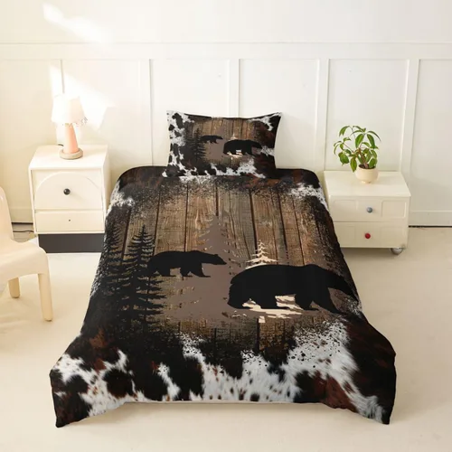 Vista 20 de Funda de edredón de oso de caza, tamaño individual, juego de ropa de cama rústica de animales del bosque para niños y niñas, funda de edredón a Oso