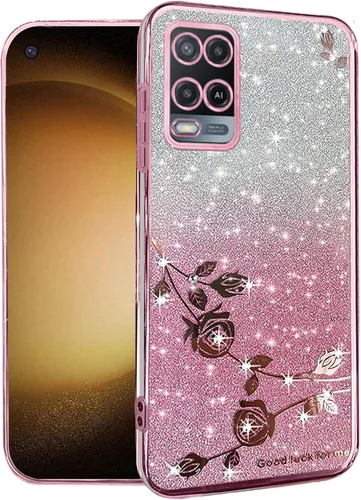 Vista 10 de Kainevy - Funda de teléfono para Oppo A54 4G, funda transparente con purpurina rosa floral para mujeres y niñas, bonita funda para teléfono Oppo