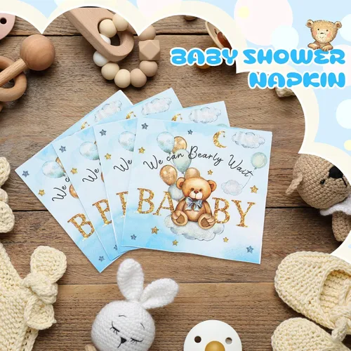 Vista 5 de Crtiin 100 servilletas de baby shower con texto en inglés «We Can Bearly Wait», decoraciones de baby shower para niños, servilletas de regalo