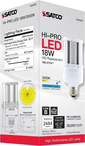 Vista 10 de Satco Bombilla LED de mazorca de maíz de 18 W, repuesto HID para iluminación de garaje y comercial, luz diurna de 5000 K, base E26, derivación
