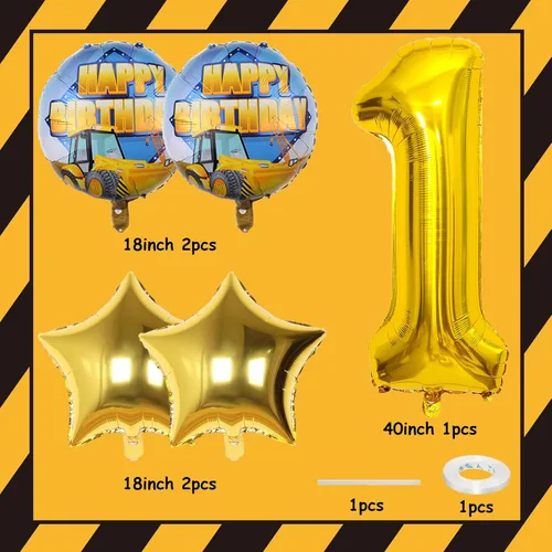 Vista 3 de Globos de construcción para el primer cumpleaños, 9 globos dorados de 40 pulgadas con el número 1 para excavadora grande, camión volquete, grúa