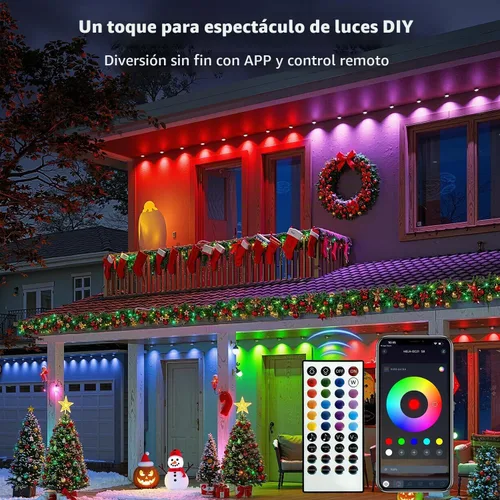 Vista 4 de XINKAITE Luces permanentes para exteriores de 50 pies con 25 LED, RGB+IC inteligentes con 16 millones de colores de bricolaje, IP67 impermeable