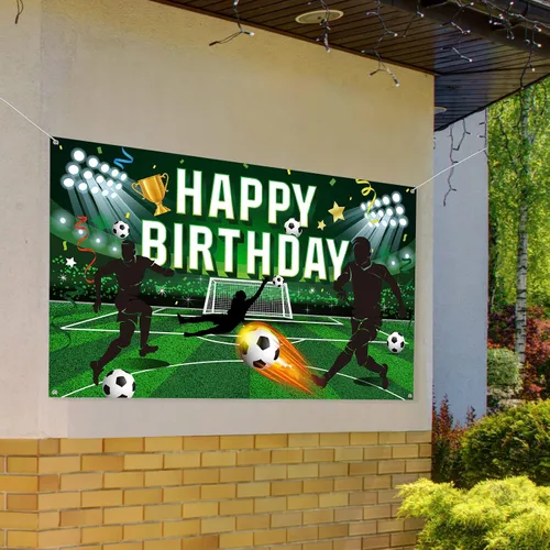 Vista 6 de Tatuo Telón de fondo de fiesta de cumpleaños de fútbol, fondo de campo de fútbol de poliéster con letras de feliz cumpleaños, incluye cuerda blanca