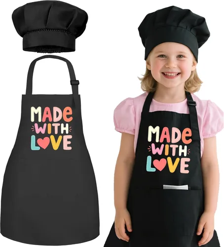 Vista 10 de Juego de Delantal y Gorro de Chef para Niños - Delantal de Cocina Ajustable para Niños con 2 Bolsillos, Negro, para Niños y Niñas de 3 a 8 Años