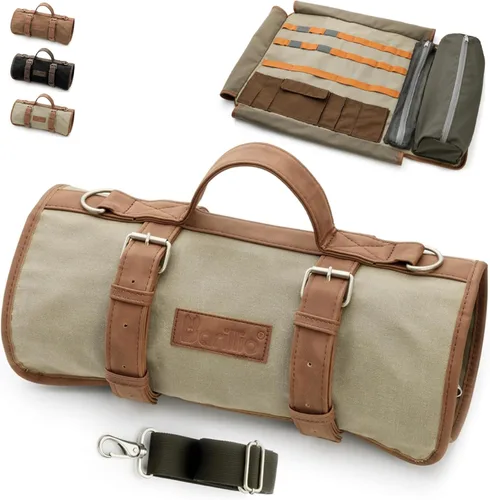 Vista 8 de Barillio Bolsa de barman (sin herramientas) – Elegante lona encerada, bolsa de bar enrollable para transportar herramientas de bar y coctelera