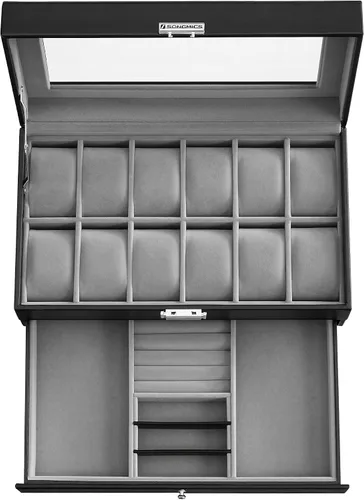 Vista 8 de SONGMICS Caja de reloj, Organizador de 12 relojes de hombre, Joyero con cerradura y llaves, Negro UJWB012