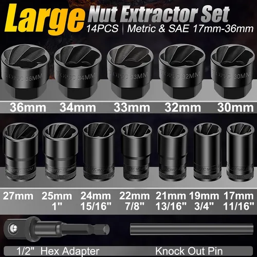 Vista 2 de Juego de Dados para Tuercas de Orejeta Grandes 17-36mm, Herramienta de Remoción de Seguros de Rueda de Impulso de 1/2", Kit Extractor de Pernos