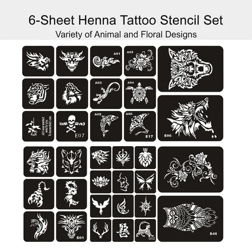 Vista 9 de Kotbs 6 hojas de plantillas temporales de tatuaje, 34 piezas de plantillas de tatuajes de henna con patrón de tótem de tigre y lobo, plantillas
