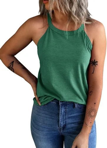 Vista 13 de KINLONSAIR - Camisetas sin mangas de verano para mujer con cuello redondo, estilo halter, para entrenamiento, casual, de tirantes, básicas A16_salmón