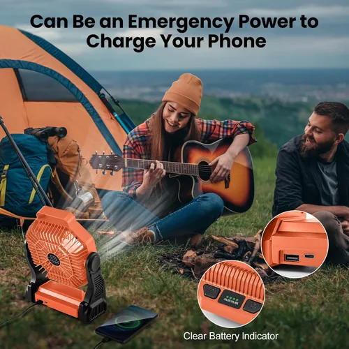 Vista 8 de Odoland Ventilador recargable portátil, ventilador de camping de 20000 mAh con linterna LED 4-Speed Airflow & 3-Color Light Oscillating Fan with