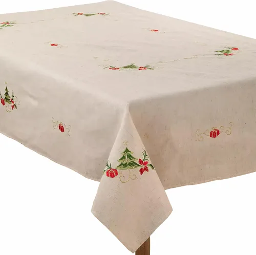 Vista 4 de SARO LIFESTYLE Mantel bordado de mezcla de lino con diseño de árbol de Navidad, natural, 67 x 180 pulgadas