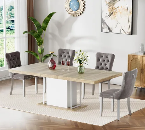 Vista 18 de Mesa de comedor extensible de 78.74 pulgadas para 6 8 y 10 pulgadas, moderna mesa de comedor extensible de granja con base de doble pedestal, mesa