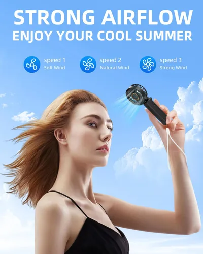 Vista 3 de Ventilador de mano portátil, mini ventilador de escritorio plegable de 2000 mAh, rotación de 180°, 3 velocidades, ultra silencioso, hasta 8 horas