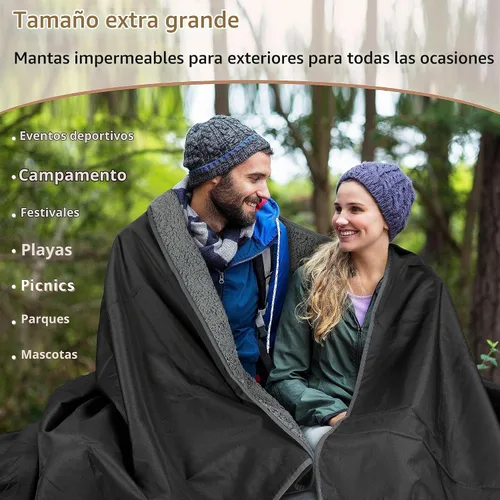 Vista 8 de Tirrinia Manta impermeable para exteriores con forro sherpa, resistente al viento, triple capa, cálida y cómoda, plegable para camping, estadio