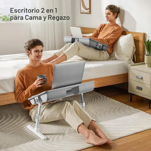 Vista 2 de HUANUO Escritorio para Cama y Computadora Portátil, Bandeja para Computadora Portátil para Cama, Sofá, Escritorio de Regazo para Trabajar, Comer
