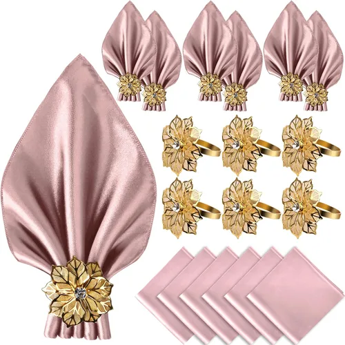 Vista 11 de VIJIV Juego de 12 servilletas de tela y juego de 6 anillos para servilletas dorados, 17x17 servilletas de cena de satén cuadradas con flores