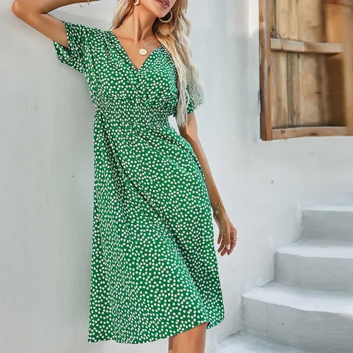 Vista 4 de Vestido bohemio para mujer, vestido casual de verano con cuello en V, manga corta, estampado floral, vestido midi de cintura alta con vuelo