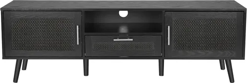 Vista 5 de Finnhomy Soporte de TV bohemio de 59 pulgadas para TV de hasta 70 pulgadas, consola de TV con 2 puertas decoradas de ratán hechas a mano, mesa de TV