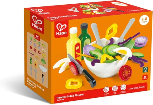 Vista 7 de Hape Juego de ensalada de madera saludable 39 piezas de juego de ensalada de simulación con utensilios e ingredientes para niños pequeños a partir