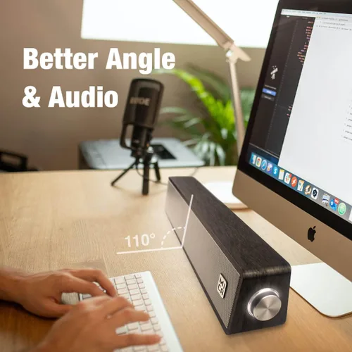 Vista 3 de MICA - Altavoces Bluetooth para computadora, altavoces de PC de madera retro en ángulo, conexión auxiliar de 0.138 in, barra de sonido de Gris