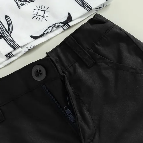 Vista 6 de Conjunto de ropa de verano para bebé, con estampado de vaca, con botones, pantalones cortos de mezclilla, traje de vaquero occidental