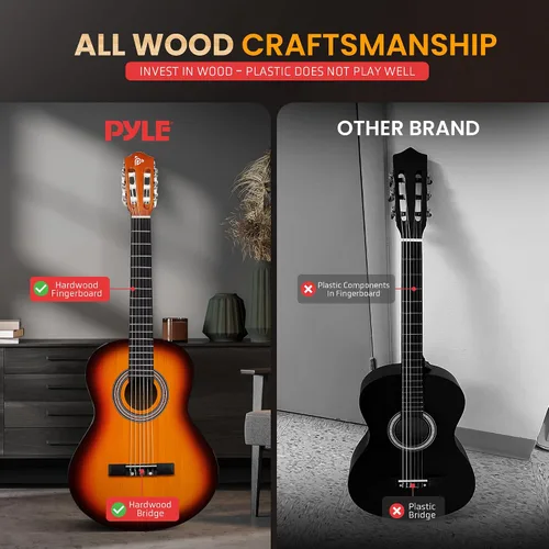 Vista 2 de Kit de guitarra acústica para principiantes Pyle, tamaño junior 3/4, instrumento completamente de madera con kit completo de accesorios, púas