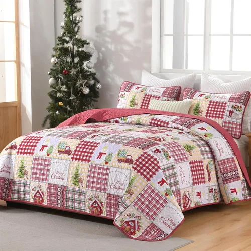 Vista 2 de Luxudecor Juego de edredón de Navidad tamaño Queen de 3 piezas, colcha de Navidad de retazos rojos con fundas de almohada, colcha reversible suave