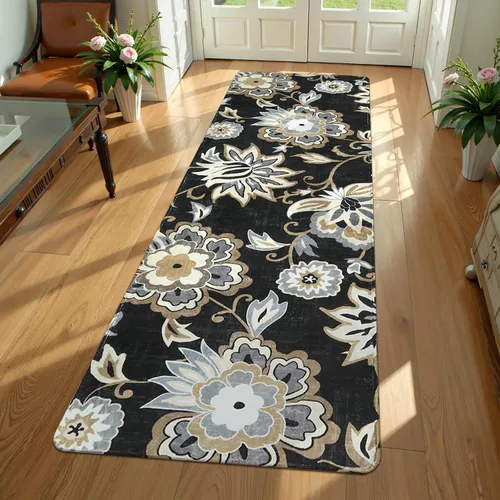 Vista 30 de Lahome - Tapete floral con estampado de cachemira, lavable, antideslizante, pequeño, anti-manchas, suave, para baño, entrada, dormitorio, Negro