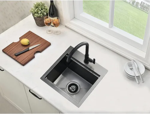 Vista 9 de Fregadero de Barra Negro Empotrable de 15x15 Pulgadas - Fregadero de Cocina Cuadrado Pequeño de Acero Inoxidable de Montaje Superior para Estación