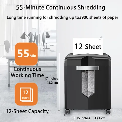 Vista 2 de Bonsaii Trituradora de papel de microcorte de 12 hojas, funcionamiento continuo de 55 minutos, tritura CDs/tarjetas de crédito/grapas, contenedor