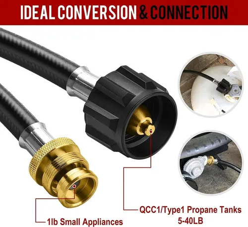 Vista 4 de Adaptador de Manguera de Propano GasXpert de 1 Libra a 20 Libras, Manguera de Tanque de Propano de 4 Pies Compatible con Barbacoa