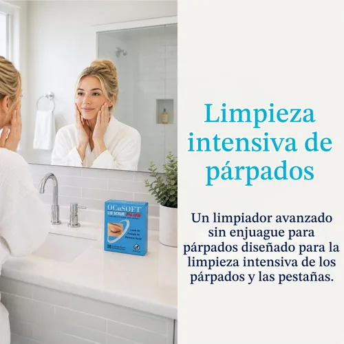 Vista 2 de OCuSOFT Lid Scrub PLUS - Toallitas para párpados prehumedecidas de uso continuo para condiciones moderadas a graves - Limpiador de párpados