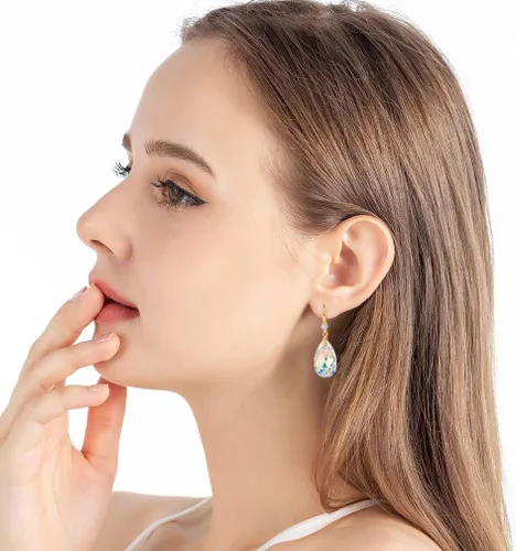 Vista 2 de Aretes colgantes de lágrima de cristal austriaco para mujer, chapados en oro de 14 quilates, hipoalergénicos, regalos de joyería para mujeres